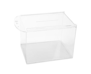 Photo of One transparent ballot box isolated on white