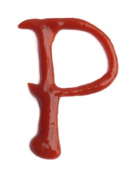 Photo of Letter P written with ketchup on white background