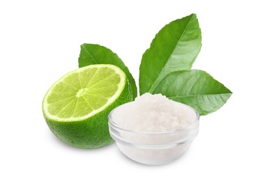 Image of Cut lime and salt isolated on white. Margarita cocktail ingredients