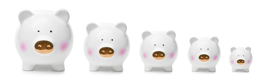 Image of Set with ceramic piggy banks on white background. Banner design