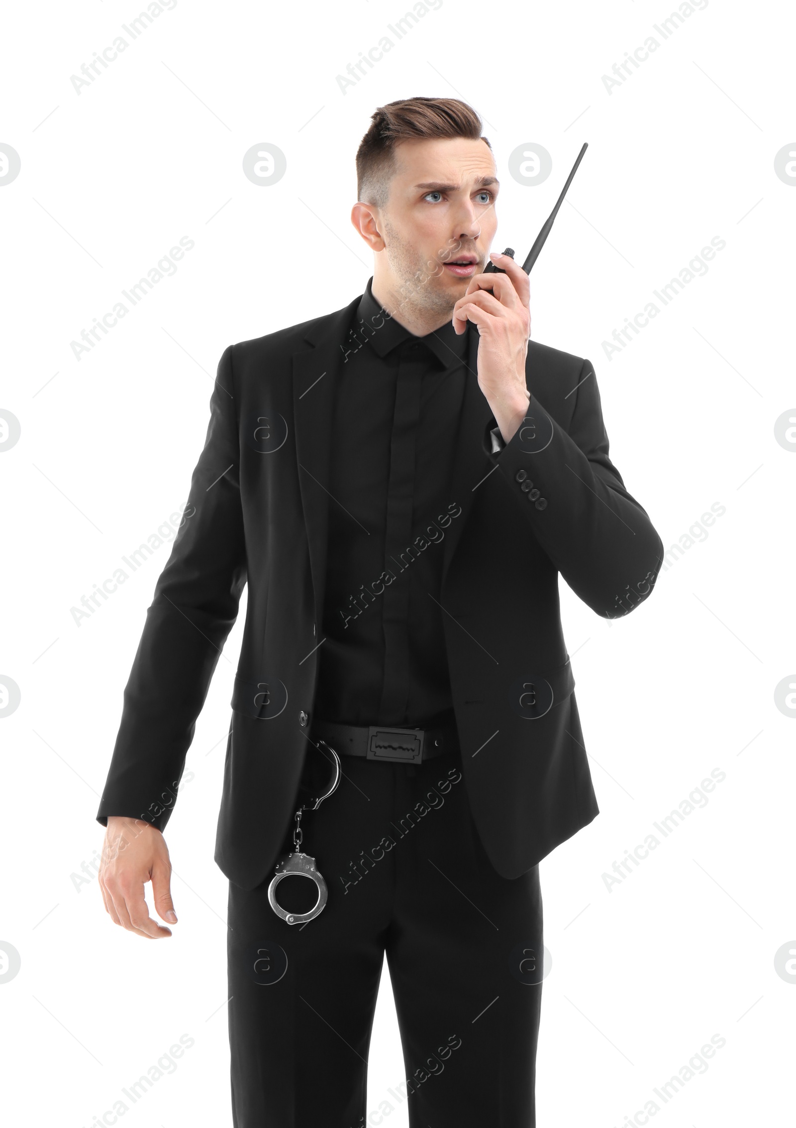 Photo of Male security guard using portable radio transmitter on white background