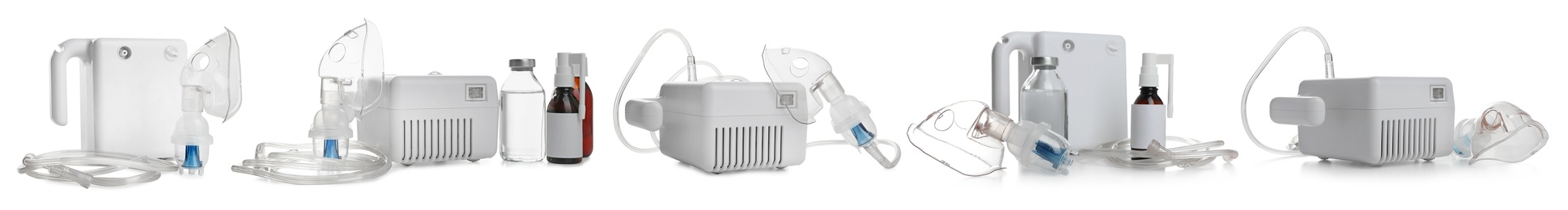 Image of Set of modern nebulizers on white background, banner design. Inhalation equipment