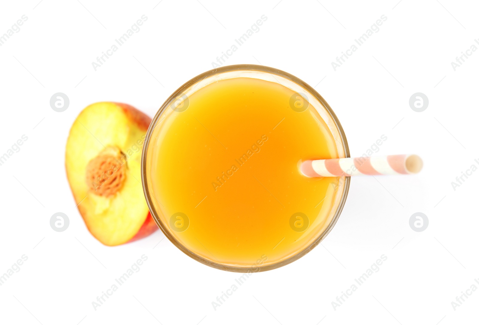 Photo of Delicious refreshing peach cocktail in glass and fresh fruit on white background, top view