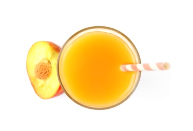 Photo of Delicious refreshing peach cocktail in glass and fresh fruit on white background, top view