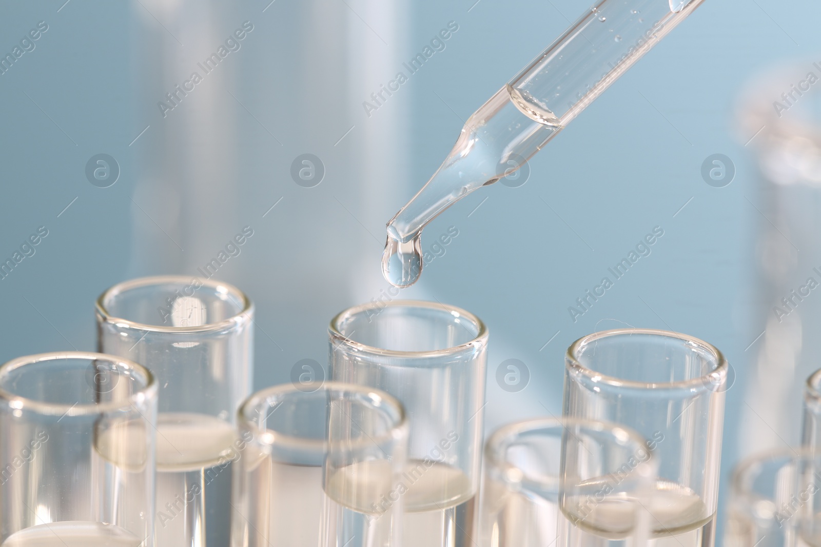Photo of Laboratory analysis. Dripping liquid from pipette into glass test tube on blurred background, closeup