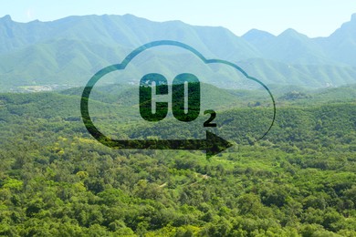 Image of Concept of clear air. CO2 inscription in illustration of cloud with arrow and beautiful mountain landscape