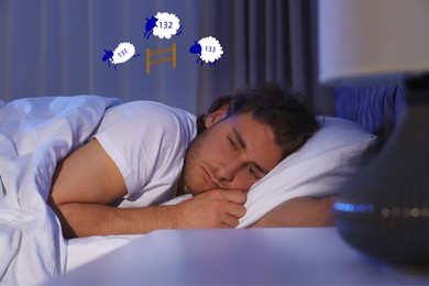 Image of Young man trying to fall asleep counting sheep in bed at night