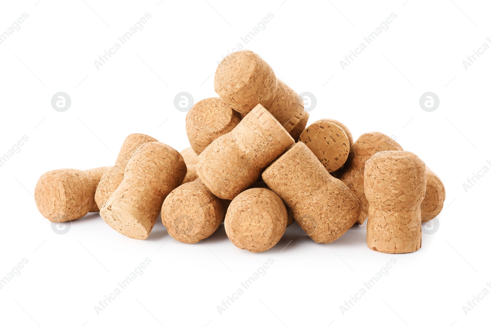 Photo of Heap of sparkling wine corks on white background