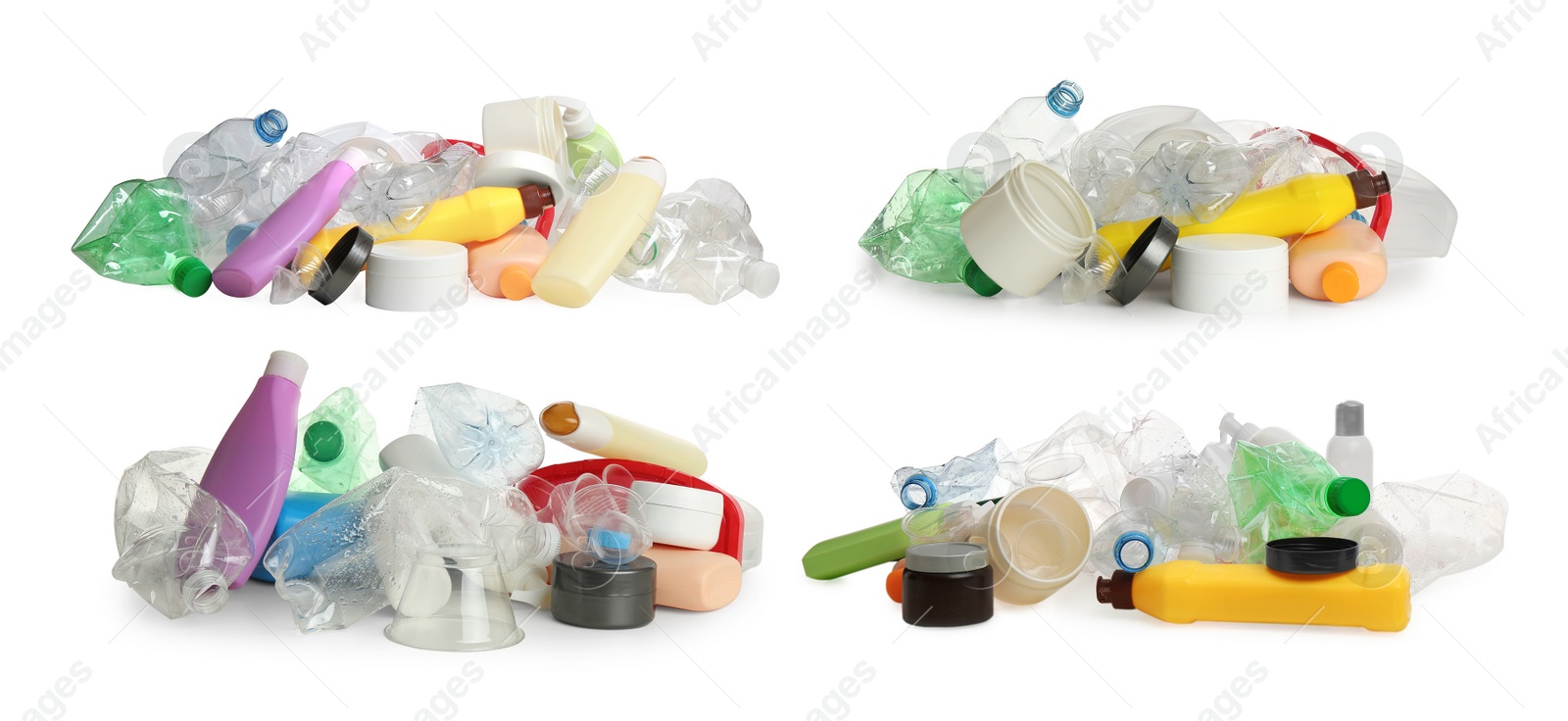 Image of Set with piles of plastic garbage on white background. Banner design