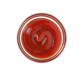 Glass bowl with tasty ketchup isolated on white, top view