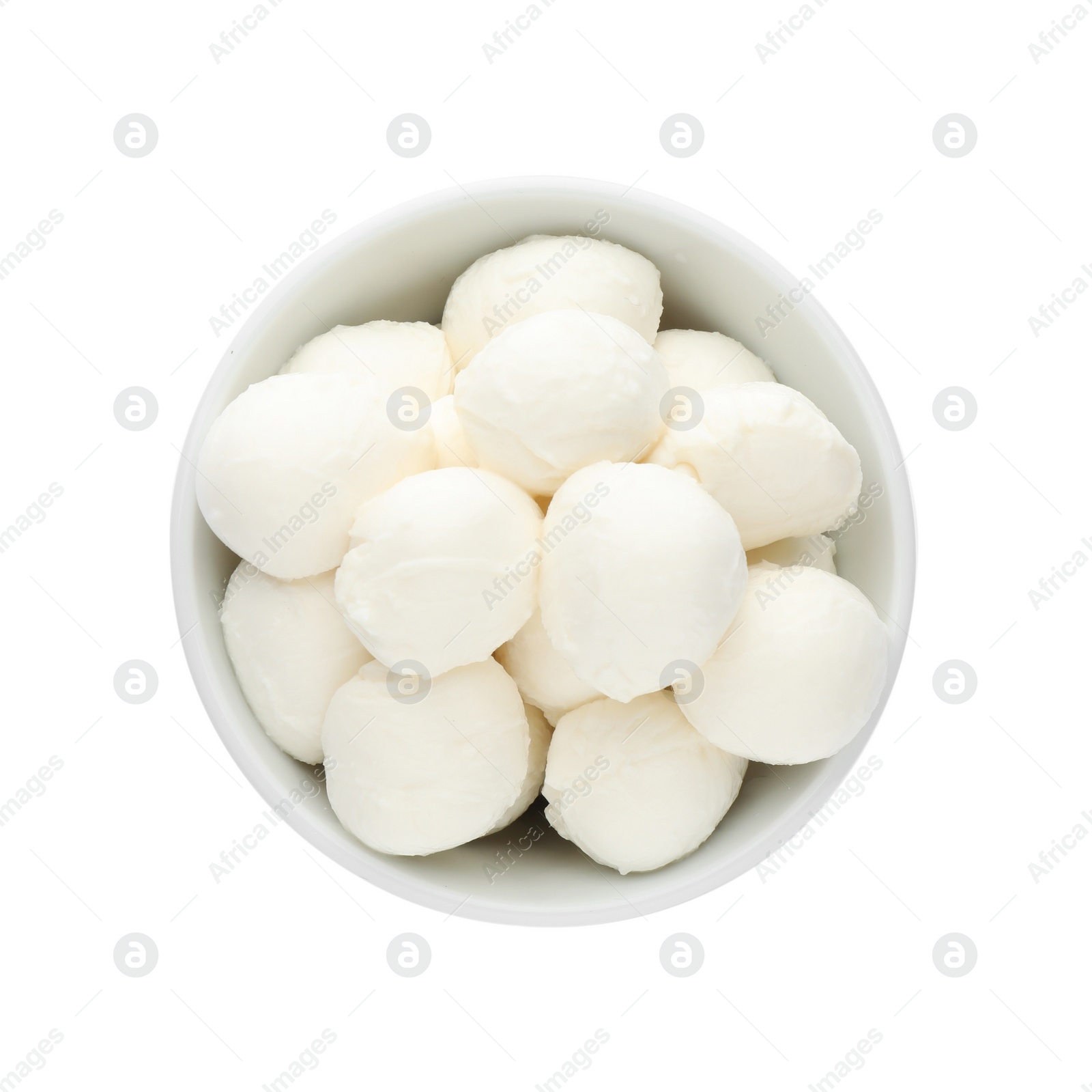 Photo of Bowl with mozzarella cheese balls on white background, top view