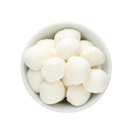 Bowl with mozzarella cheese balls on white background, top view