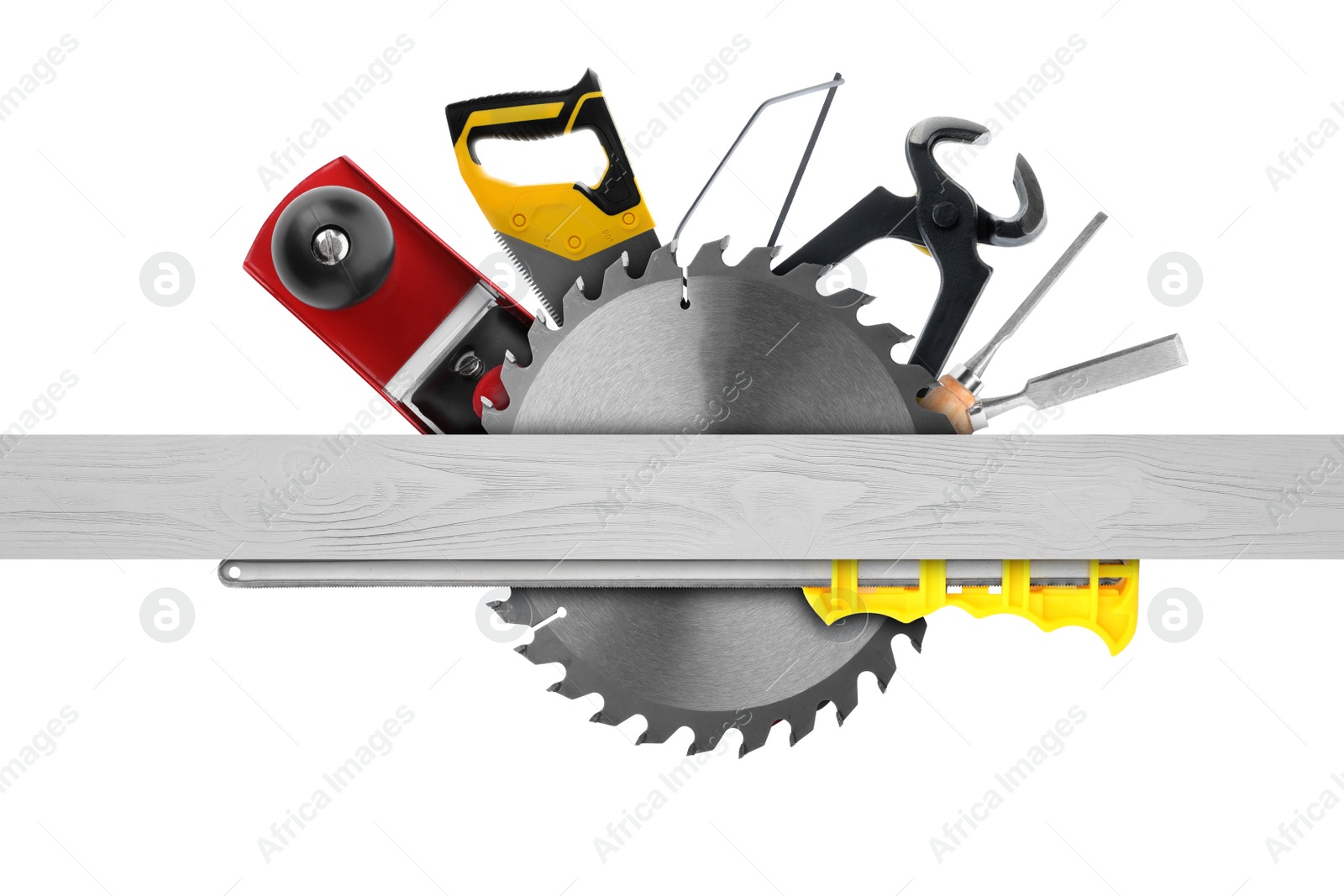 Image of Carpentry tools and wooden surface on white background, collage