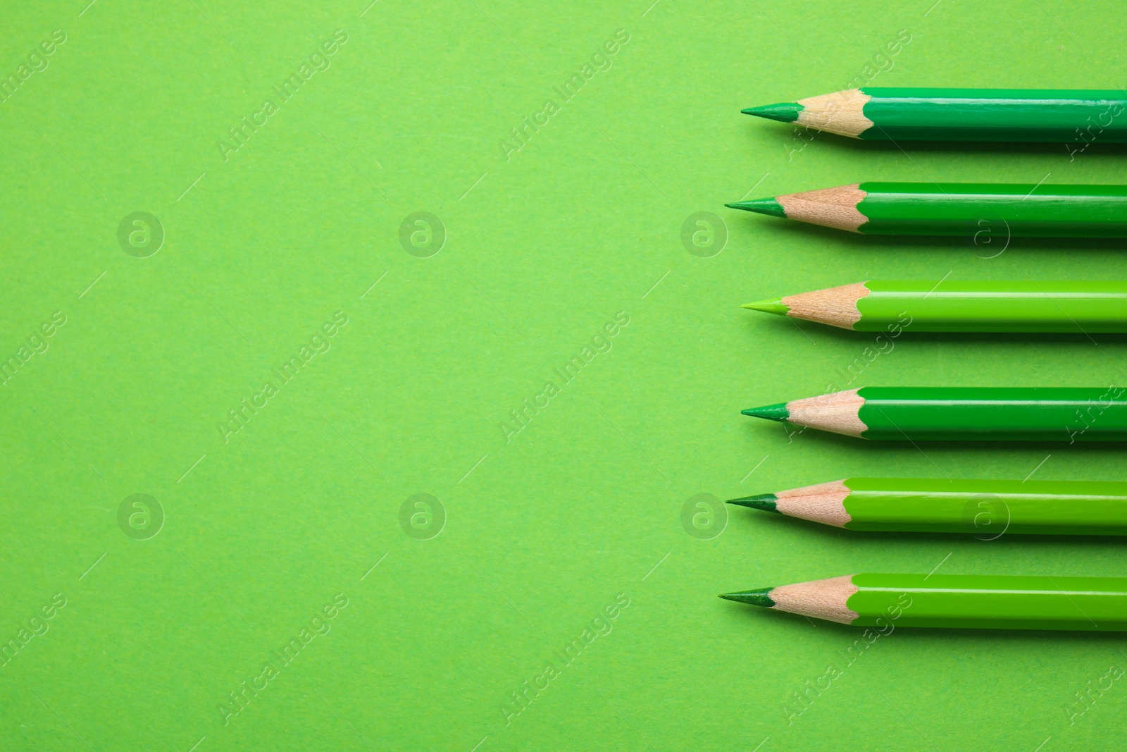 Photo of Flat lay composition with color pencils on green background. Space for text