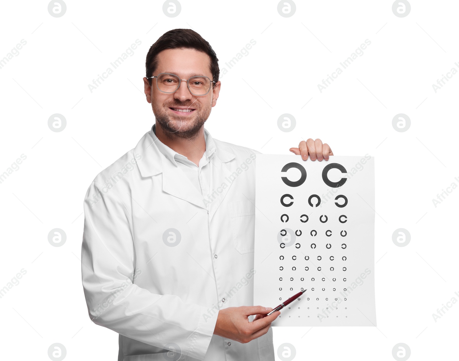 Photo of Ophthalmologist pointing at vision test chart on white background