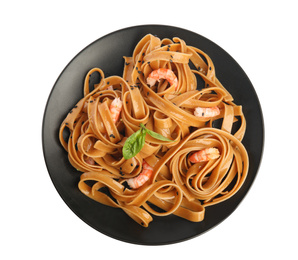 Tasty buckwheat noodles with shrimps on white background, top view