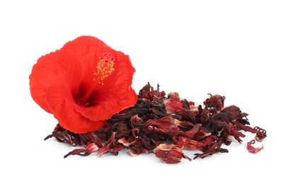Photo of Pile of dry hibiscus tea and beautiful flower isolated on white