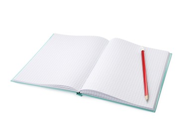 Photo of Open notebook with blank sheets and pencil isolated on white