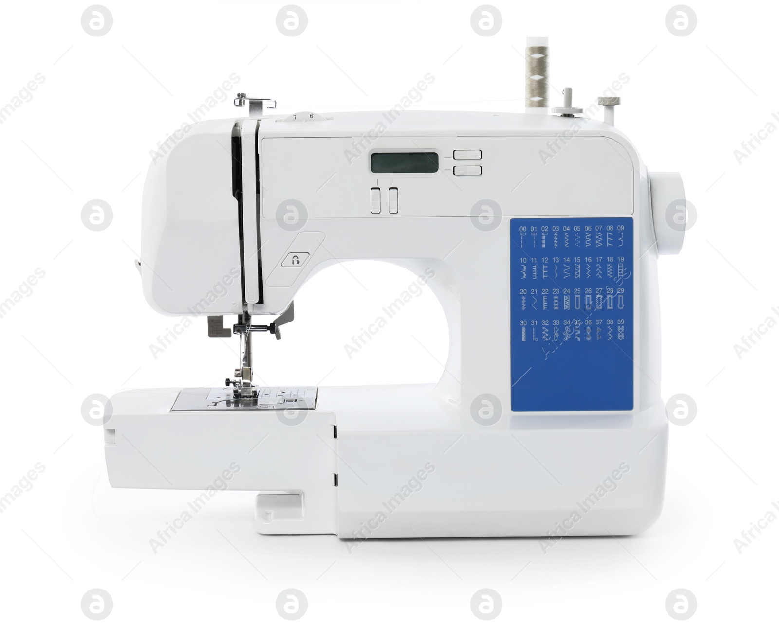 Photo of One modern sewing machine isolated on white