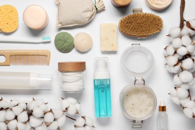 Bath accessories. Flat lay composition with personal care products on white background