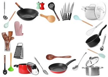 Frame of different kitchenware on white background, space for text