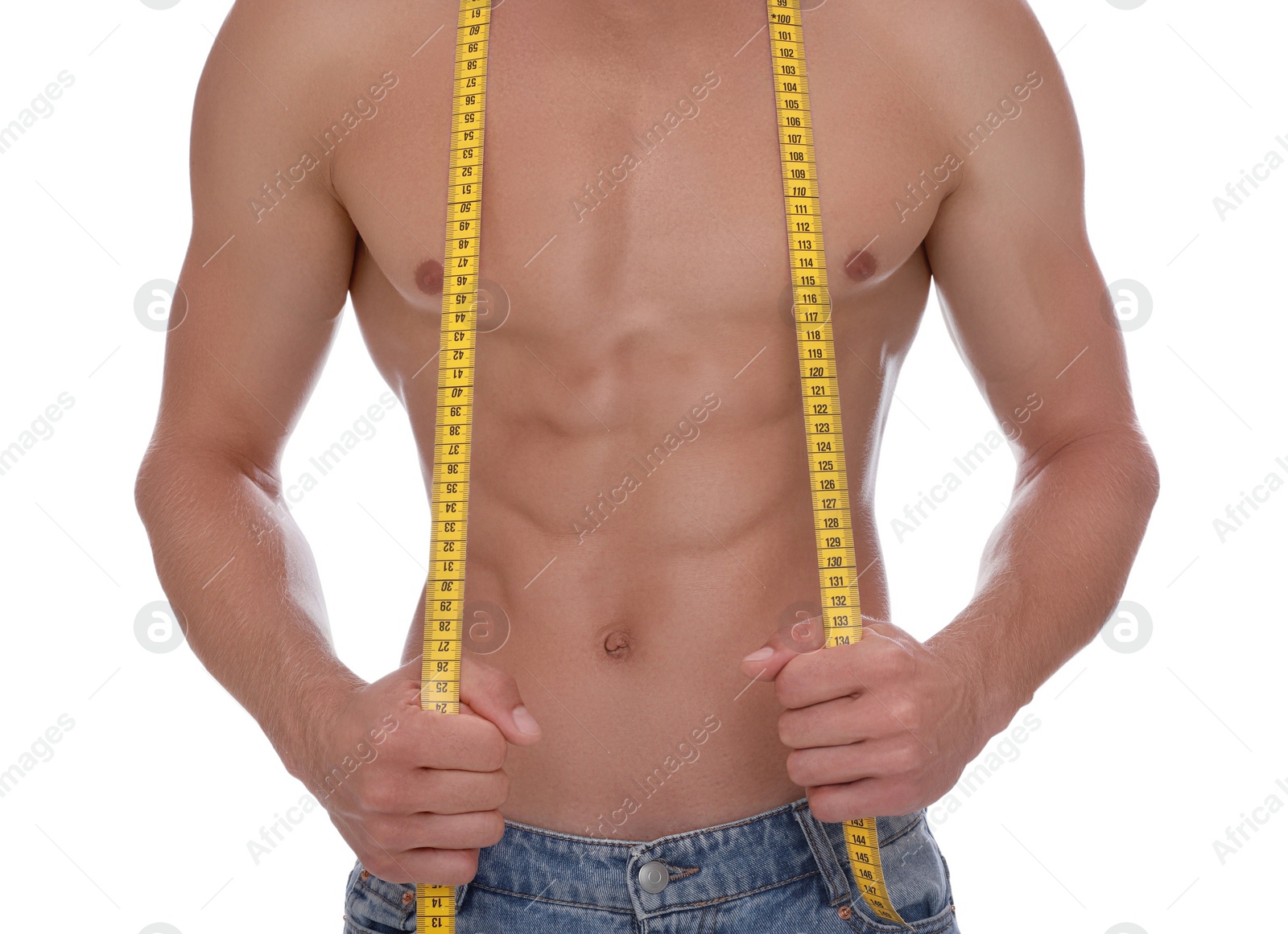 Photo of Shirtless man with slim body and measuring tape isolated on white, closeup