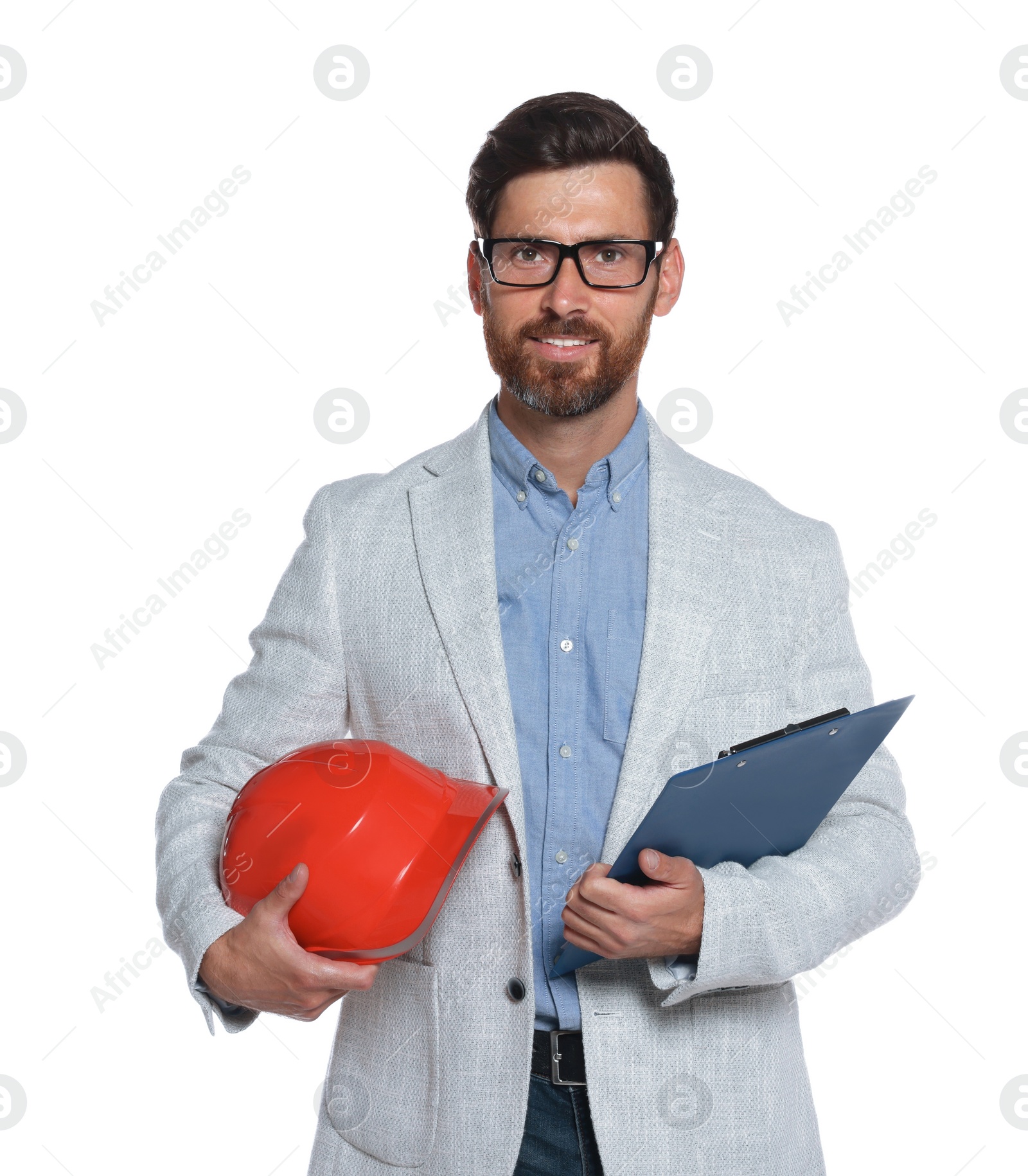 Photo of Professional engineer with hard hat and clipboard isolated on white