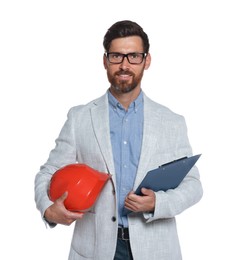 Photo of Professional engineer with hard hat and clipboard isolated on white