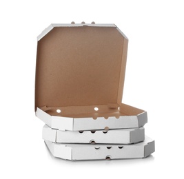 Stack of cardboard pizza boxes on white background