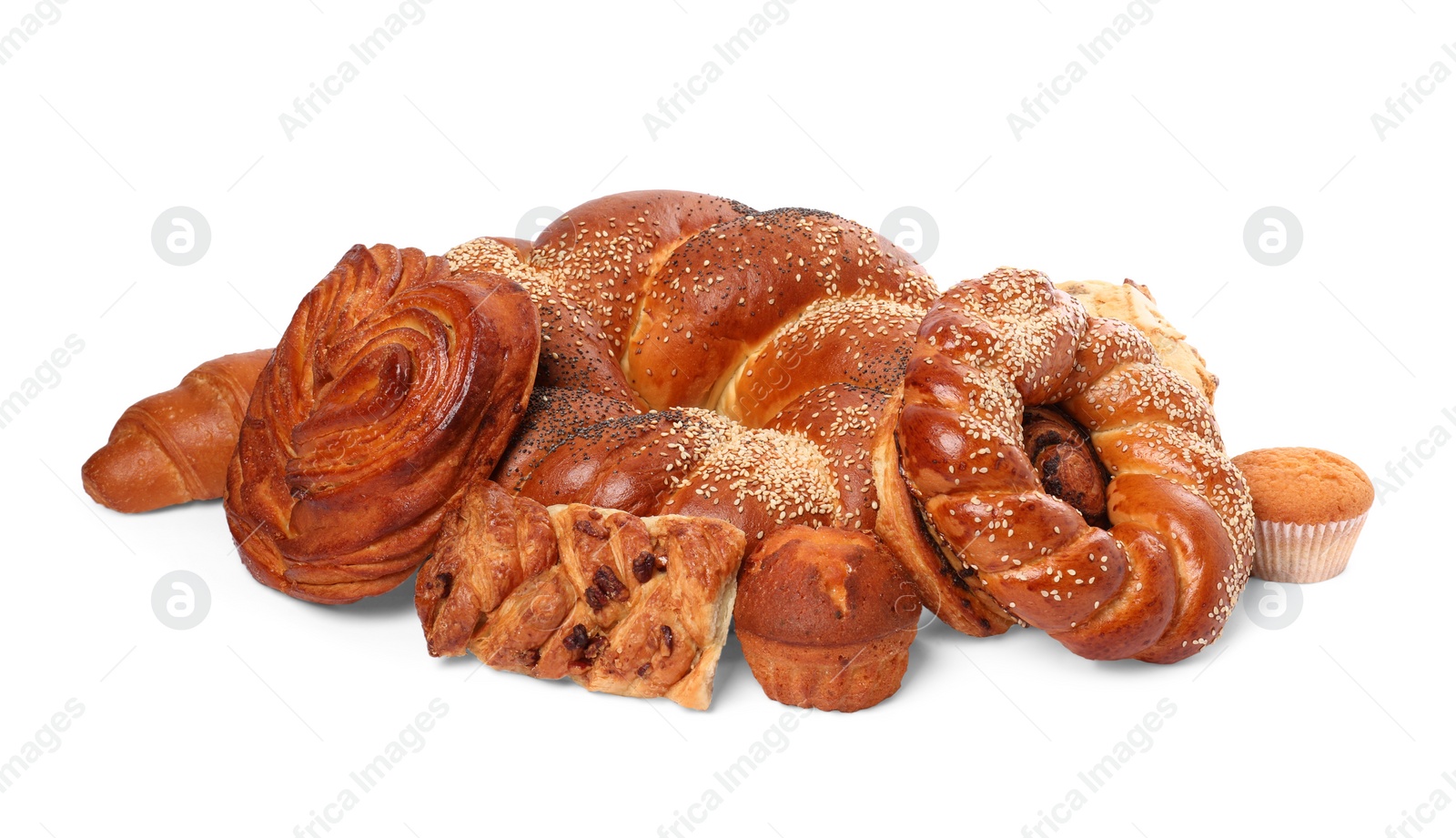 Photo of Many different tasty pastries isolated on white