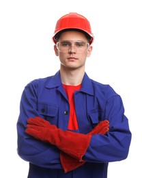 Photo of Young man with crossed arms wearing safety equipment on white background
