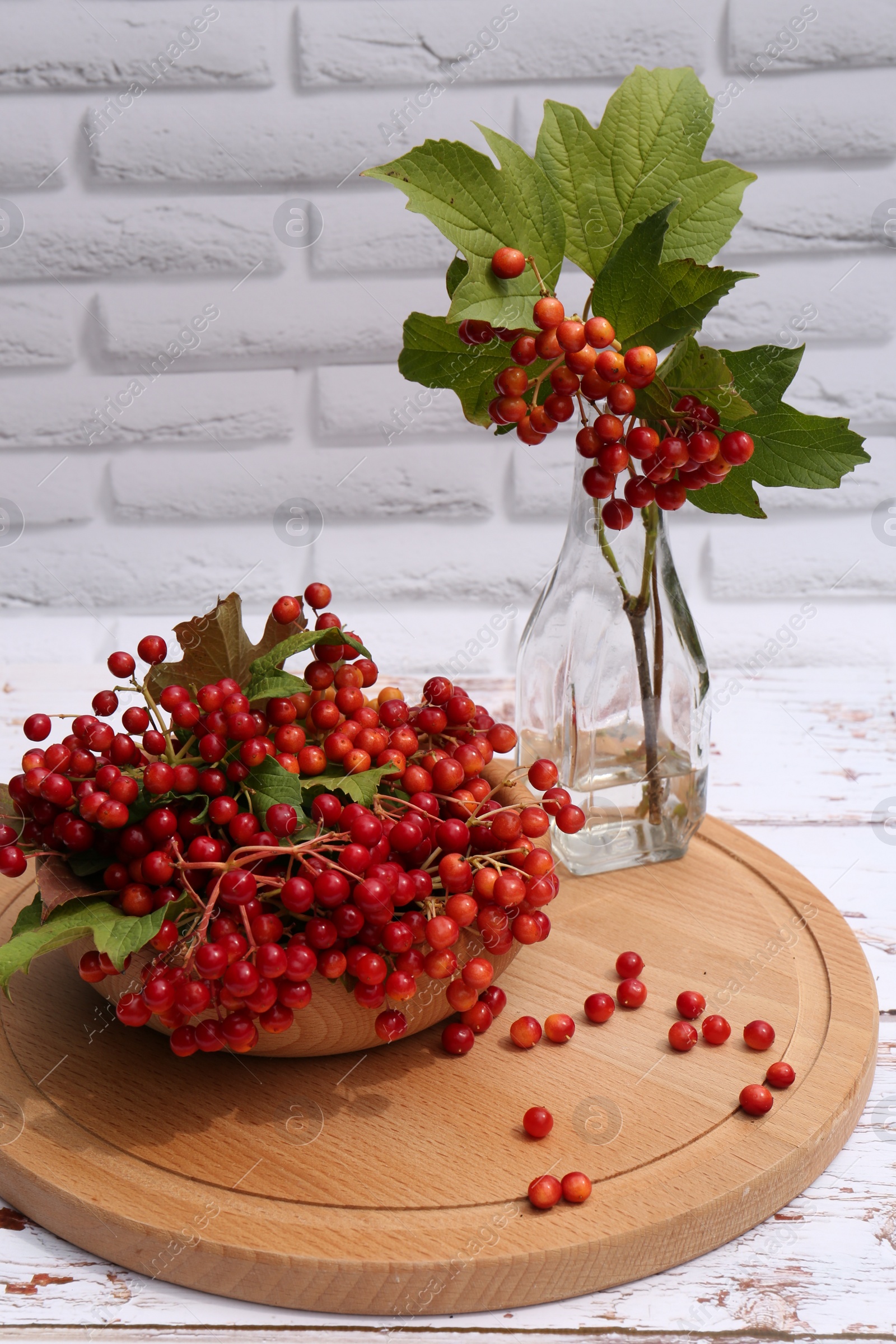 Photo of Composition with ripe red viburnum berries on white wooden table