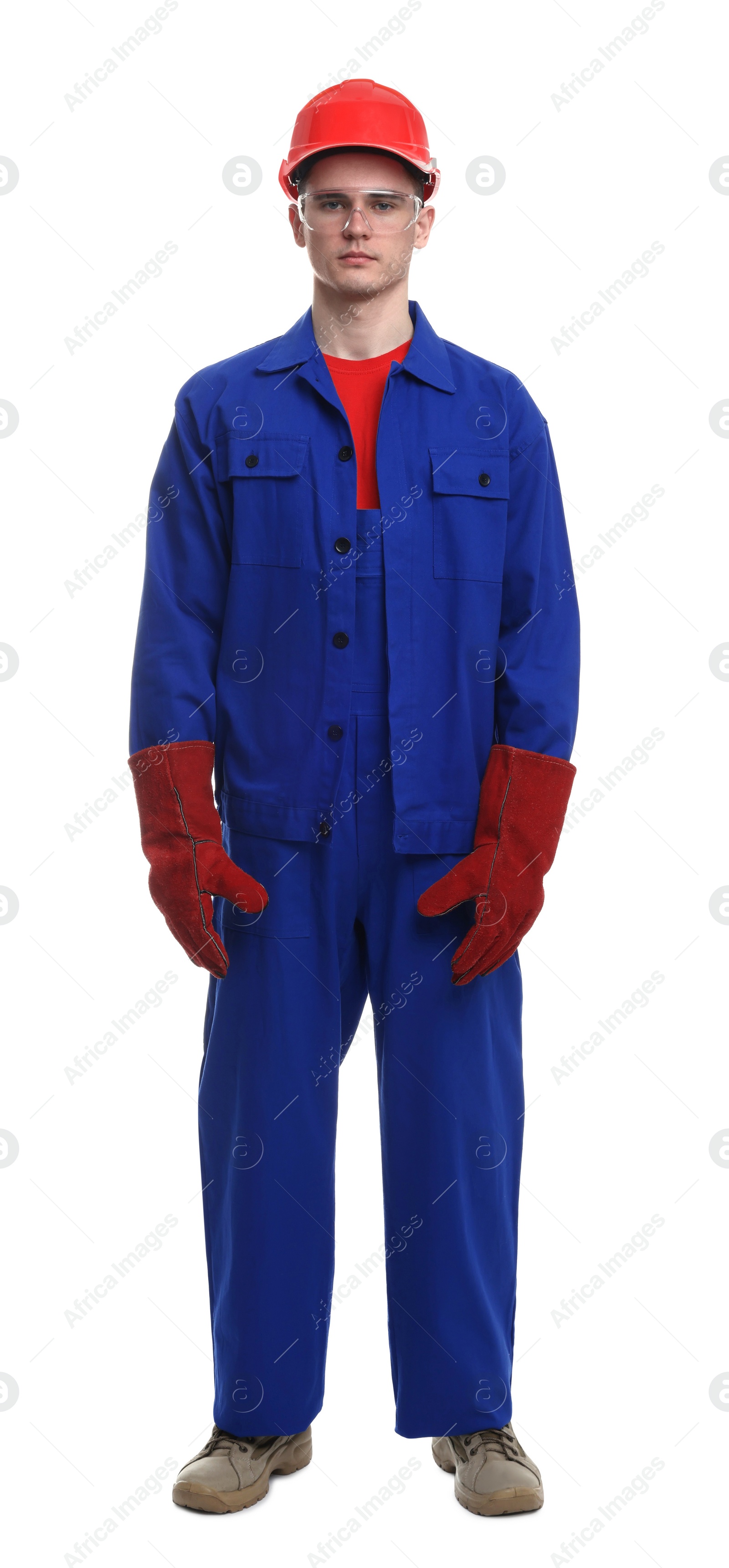 Photo of Young man wearing safety equipment on white background