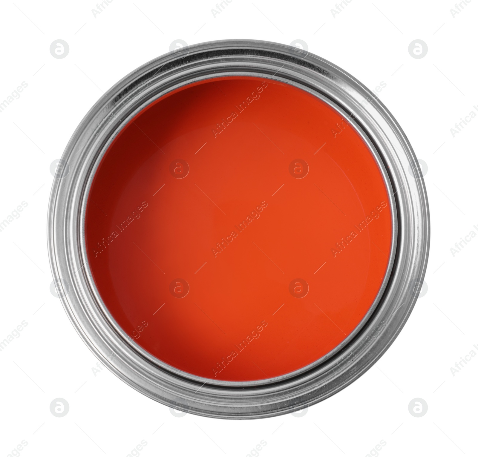 Photo of Can of orange paint isolated on white, top view