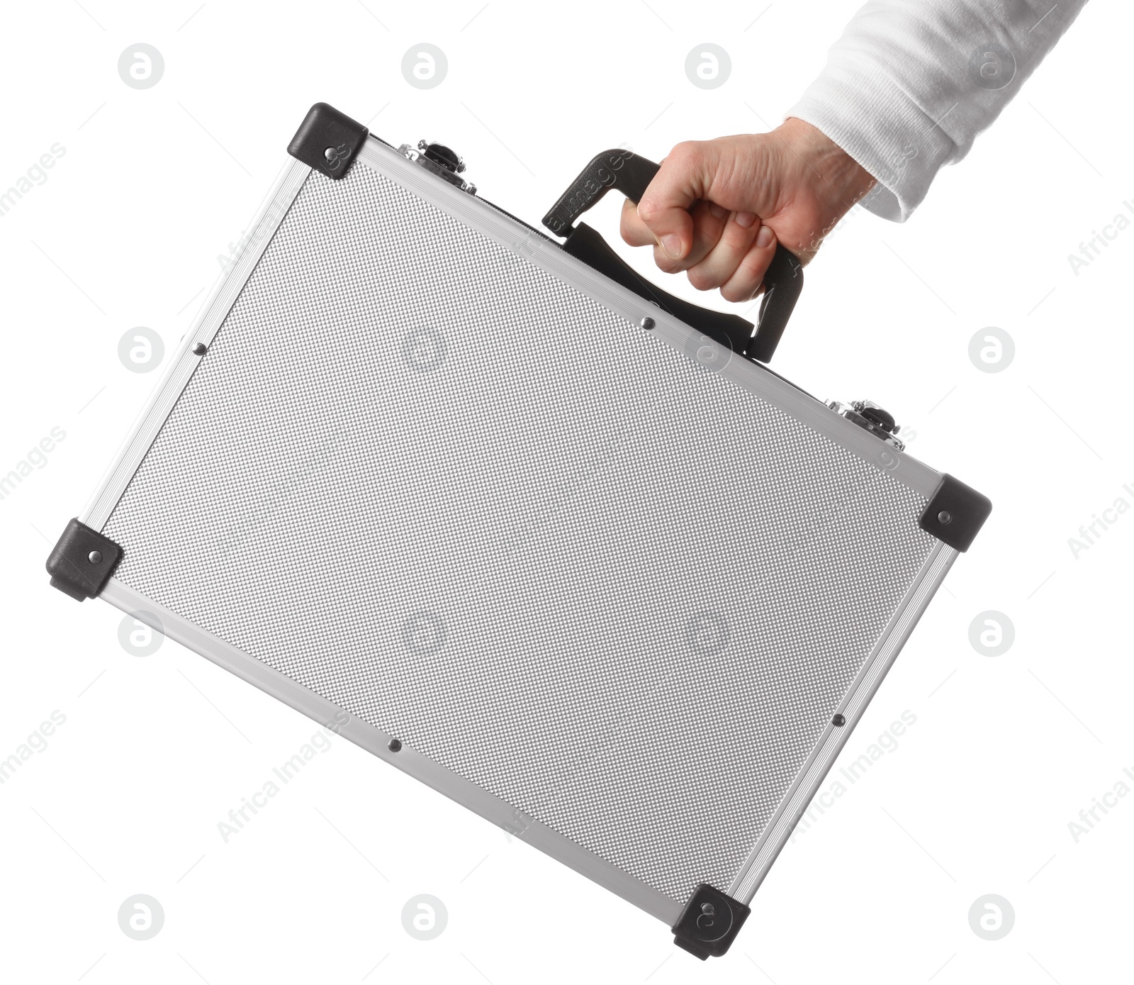 Photo of Man holding hard case isolated on white, closeup