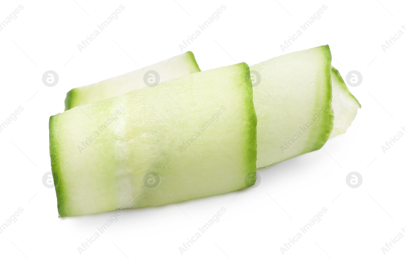 Photo of Slice of fresh cucumber isolated on white, top view