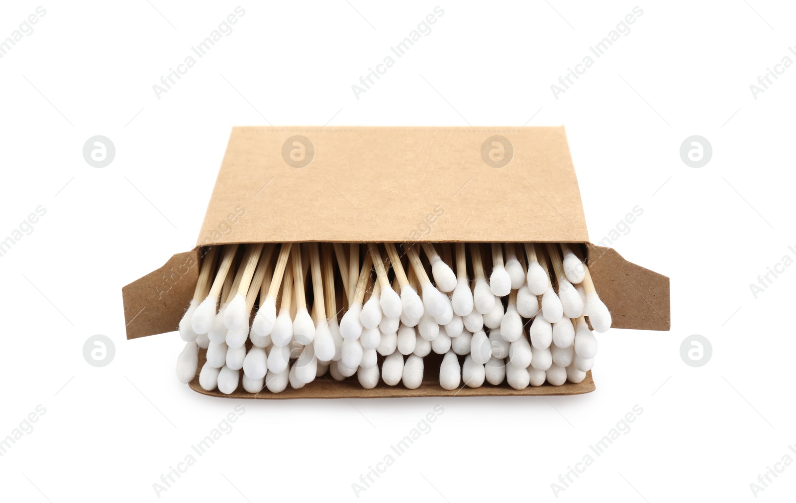 Photo of Cardboard box with cotton buds isolated on white