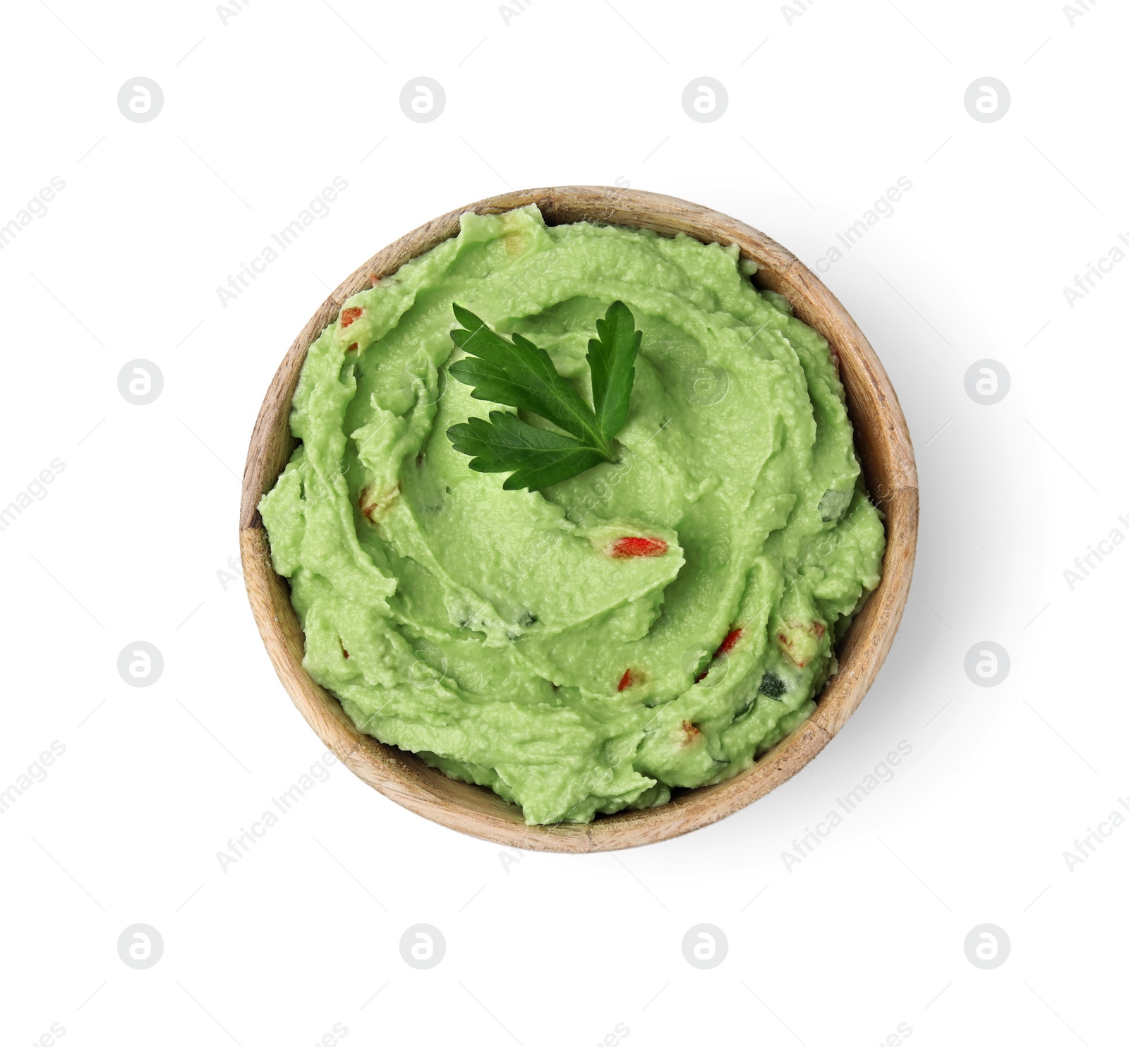 Photo of Bowl of delicious guacamole isolated on white, top view