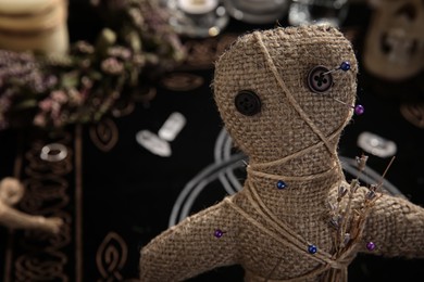 Photo of Voodoo doll with pins and dried flowers indoors, closeup. Space for text