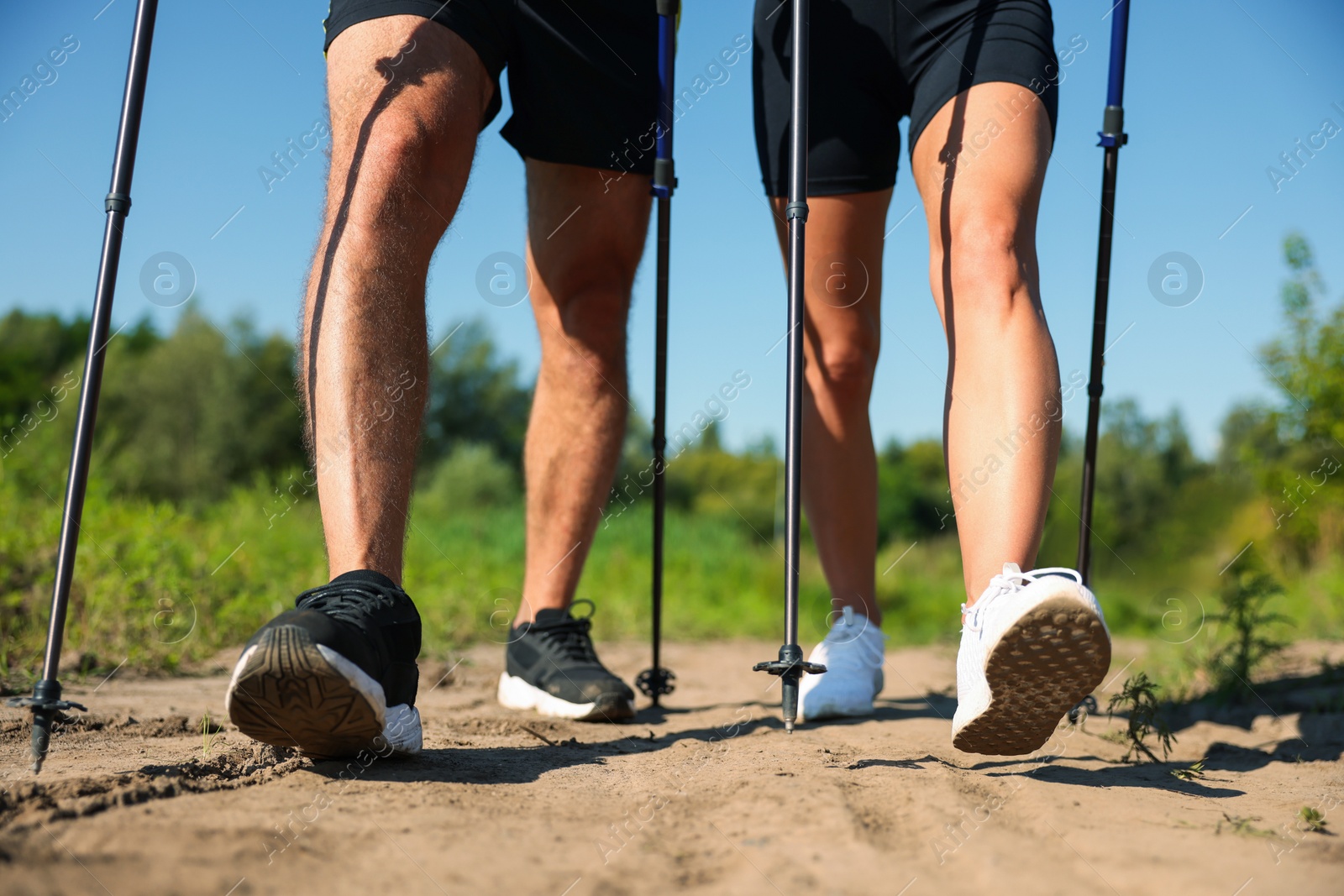 Photo of Couple practicing Nordic walking with poles outdoors on sunny day, closeup