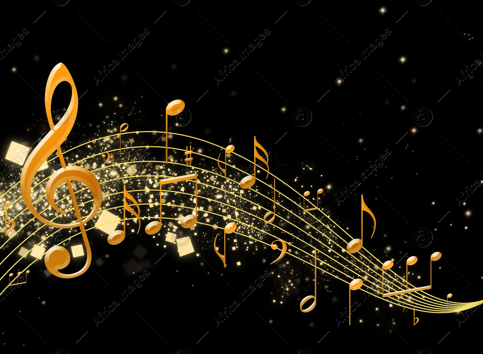 Illustration of Staff with music notes and other musical symbols on black background