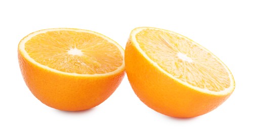 Photo of Halves of fresh ripe orange isolated on white