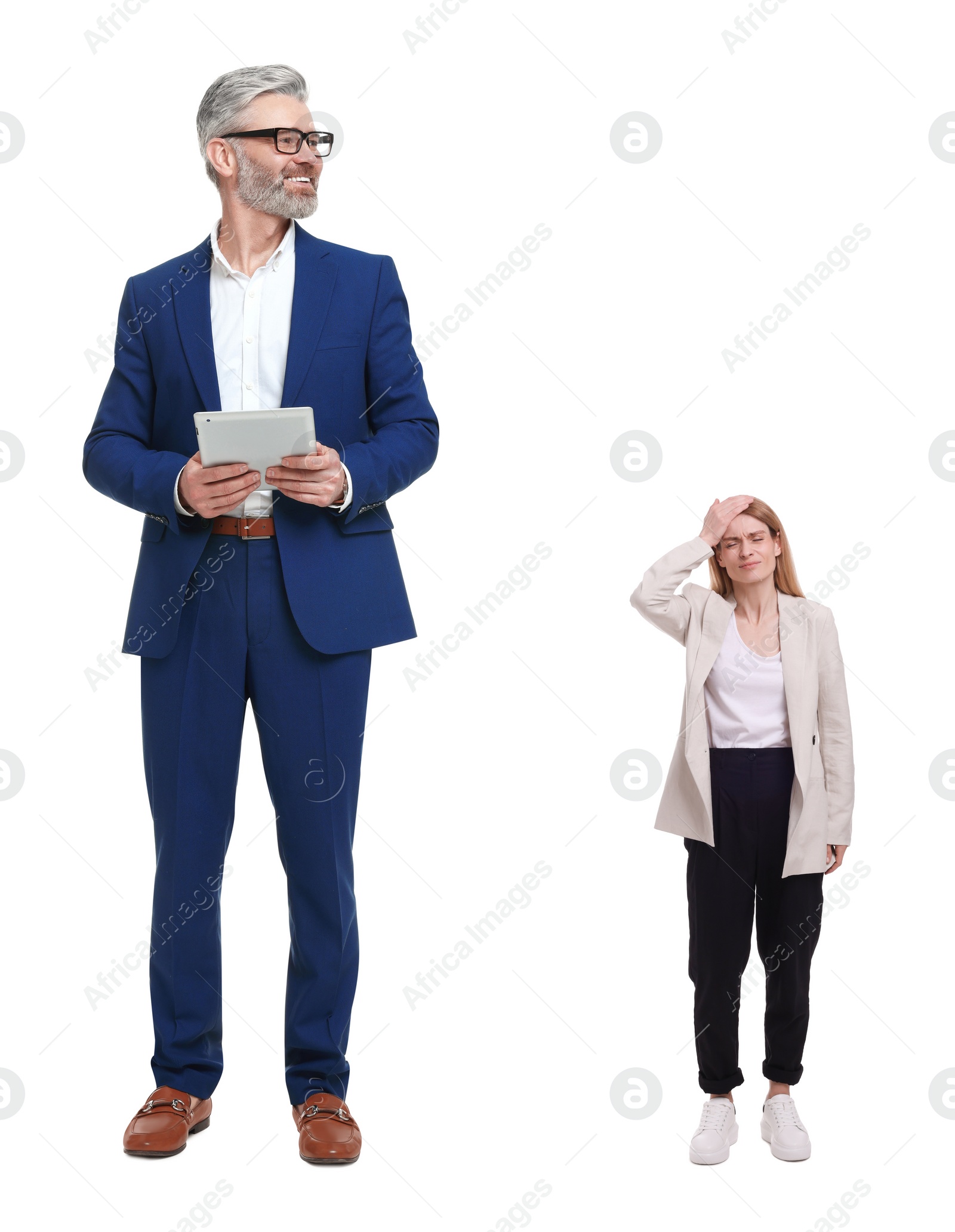 Image of Happy big man and emotional small woman on white background