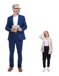 Image of Happy big man and emotional small woman on white background