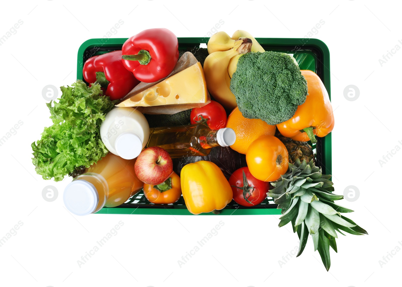 Photo of Shopping basket with grocery products on white background, top view