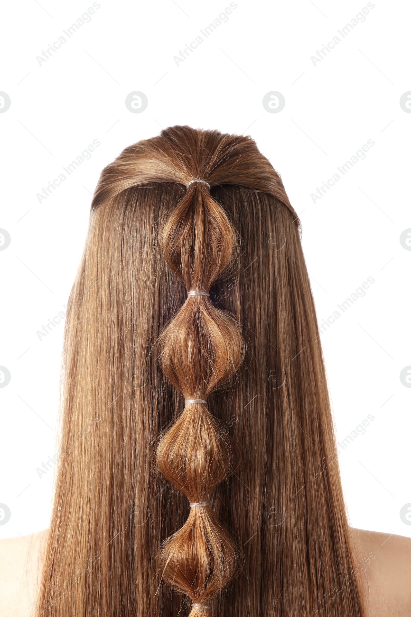 Photo of Woman with braided hair on white background, back view