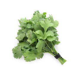 Photo of Bunch of fresh green organic cilantro isolated on white, top view