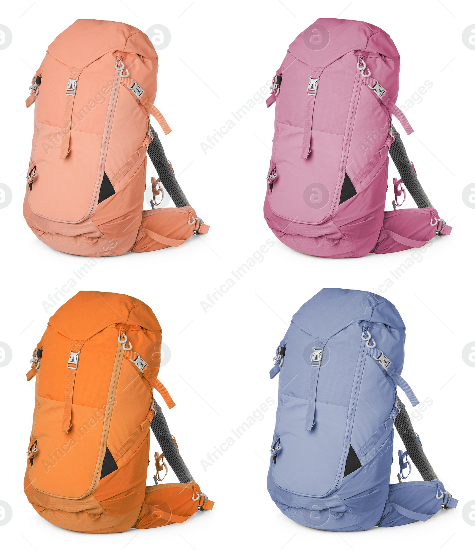 Image of Different hiking backpacks on white background, collage