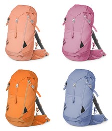 Image of Different hiking backpacks on white background, collage