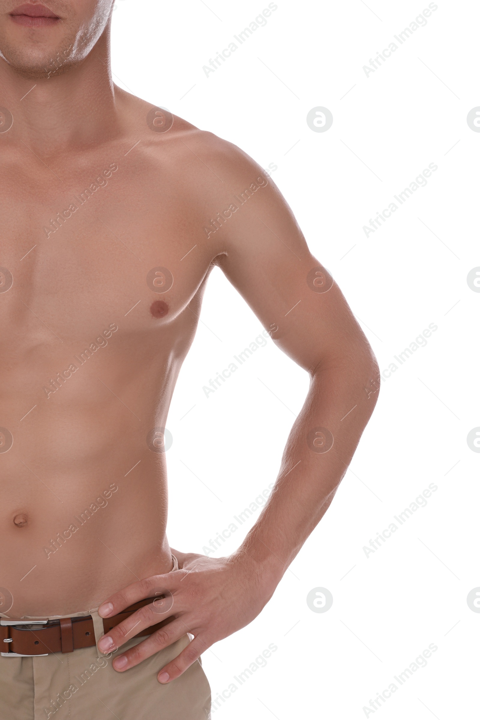 Photo of Shirtless man with slim body isolated on white, closeup